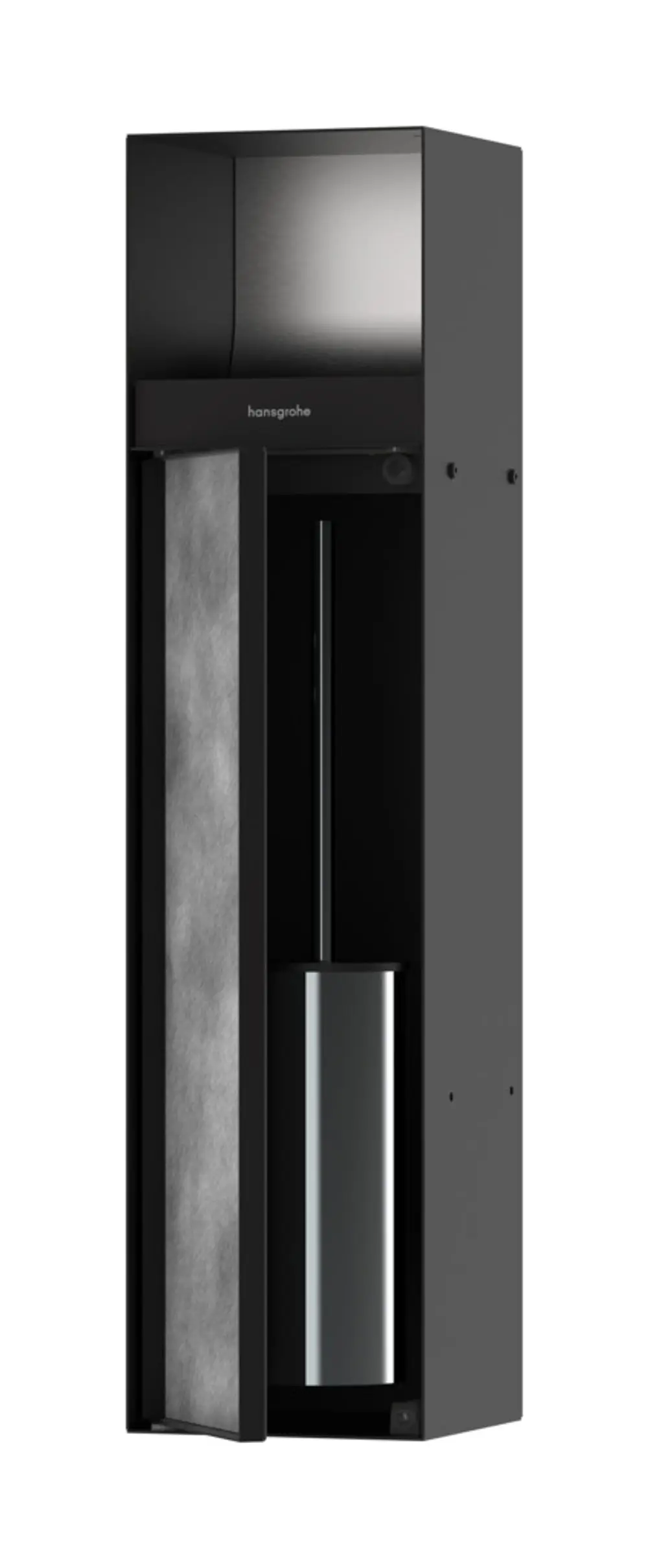 Toilettenbürstenhalter mit Papierhalter, in mattschwarz, aus der Hansgrohe XtraStoris-Serie. Befliesbare Tür rechts, vertikale Anordnung, modernes Design.